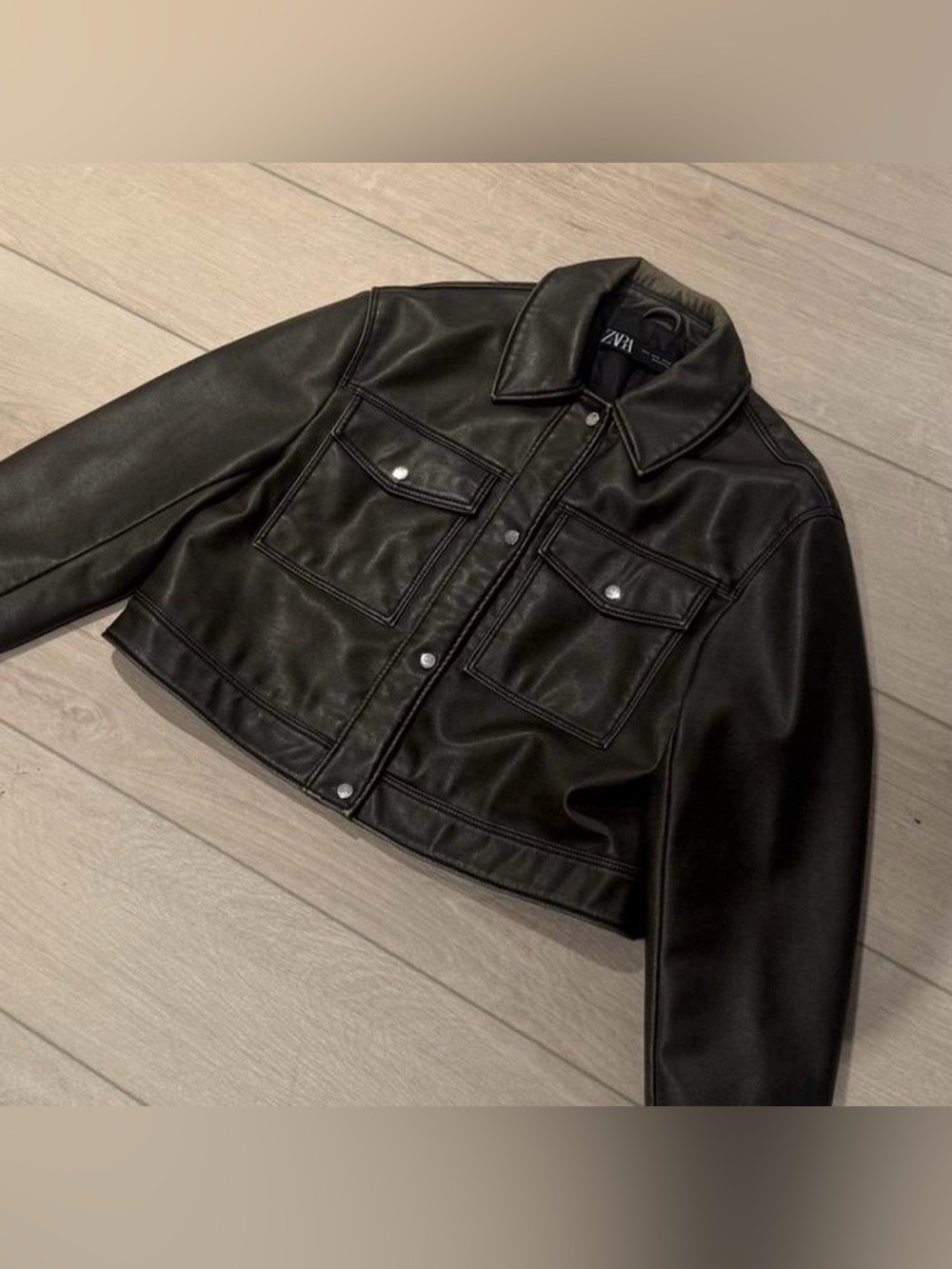 ZARA Brown Faux Leather Cropped Trucker Jacket